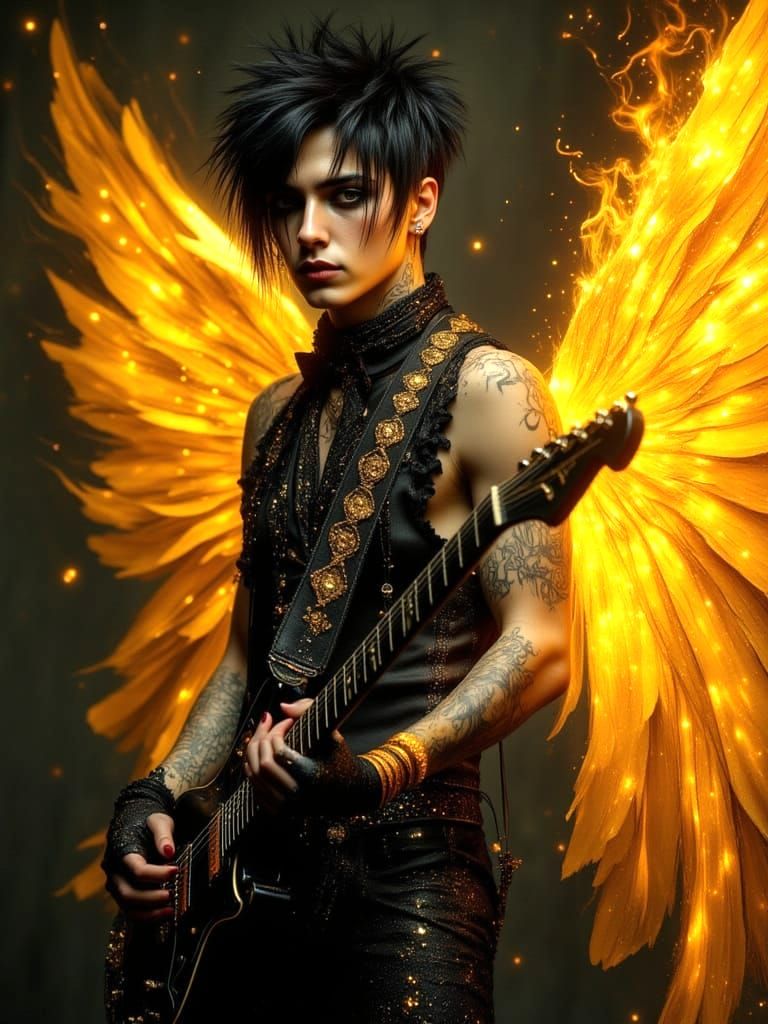 Gothic Angel with Guitar in Dark Portraits Style