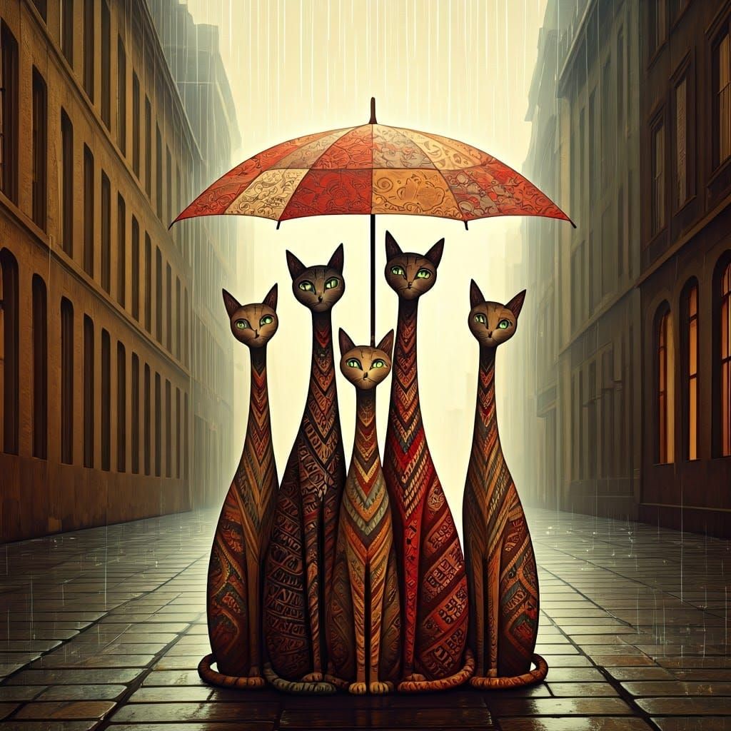 Enchanted Felines Gather Under Vibrant Umbrella