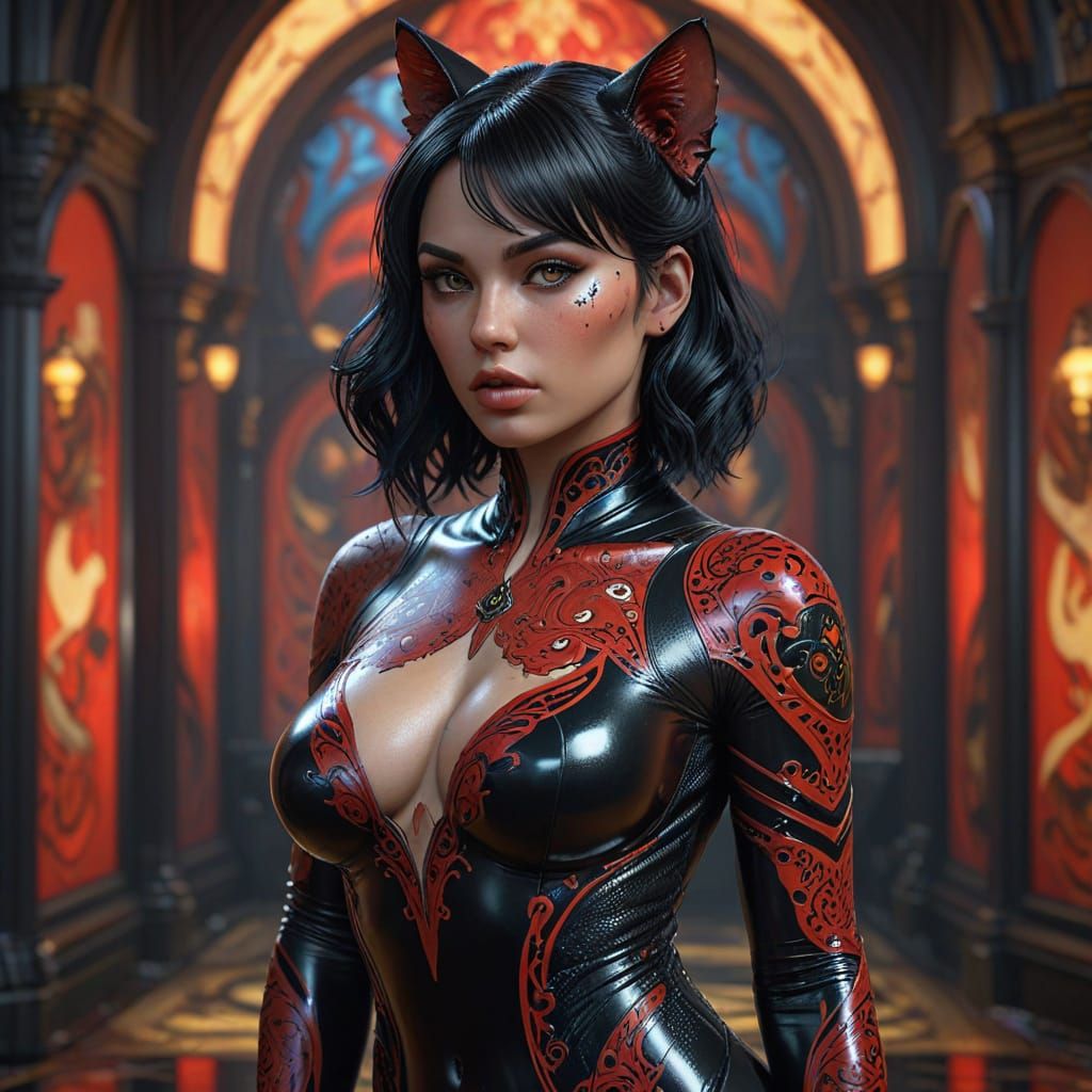 Tattooed Woman in Latex: Dark Fantasy Art