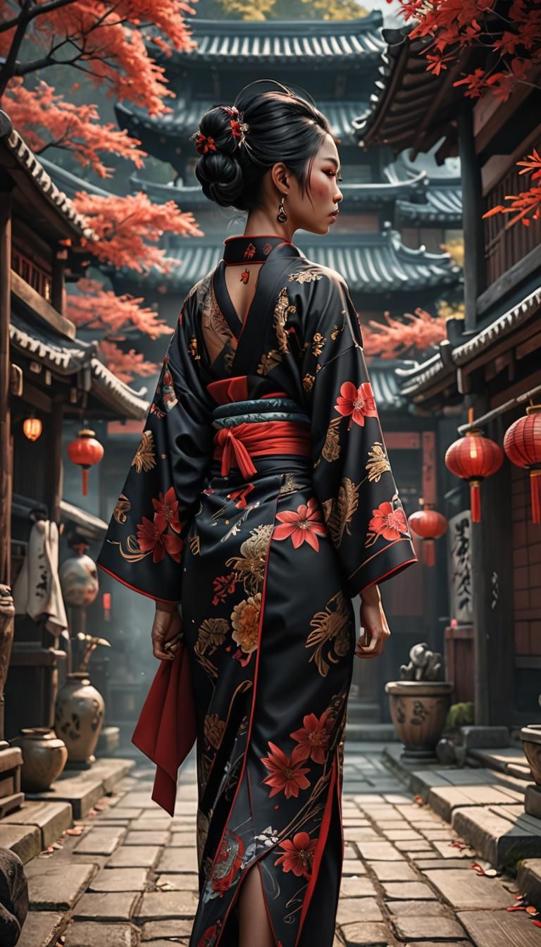 Fantastical Asian Goddess in Traditional Kimono with Vibrant...