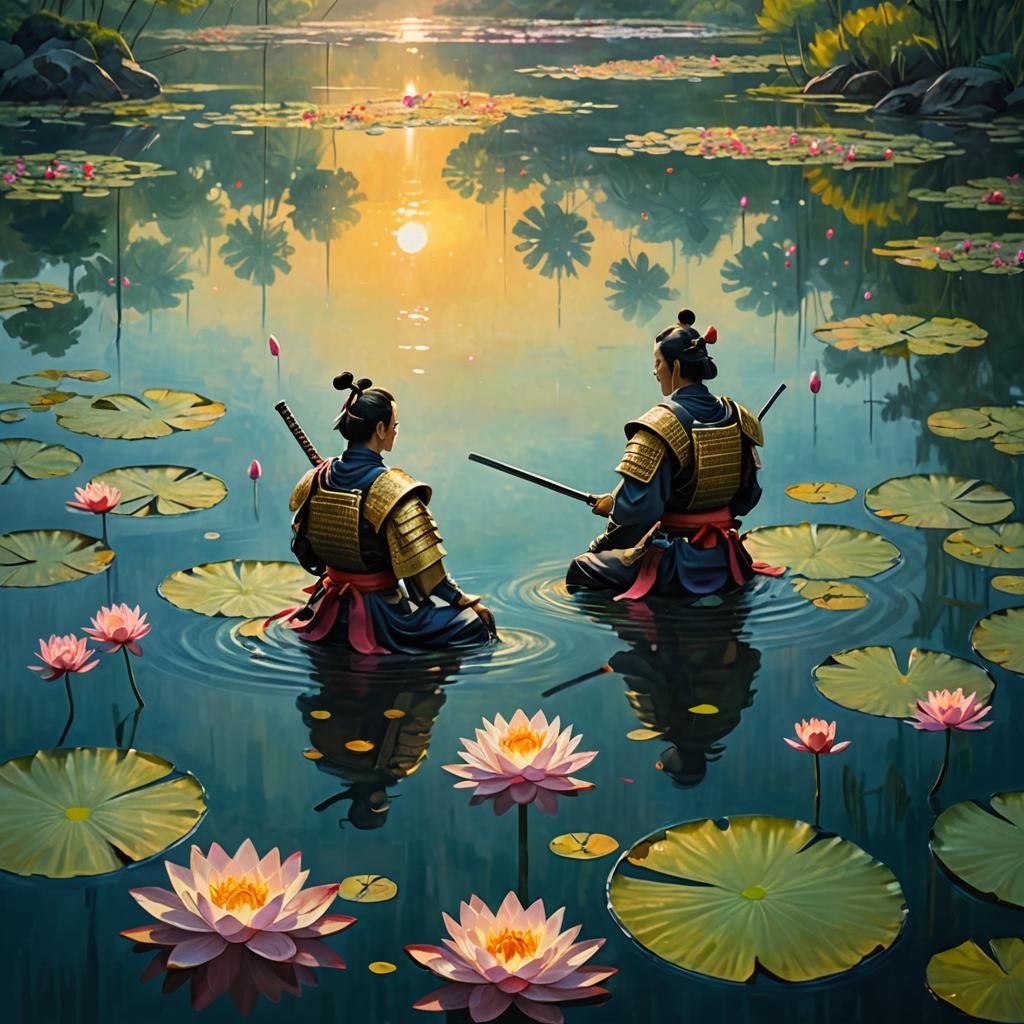 Majestic Samurai Meet on Sacred Water Lily in Serene Lake