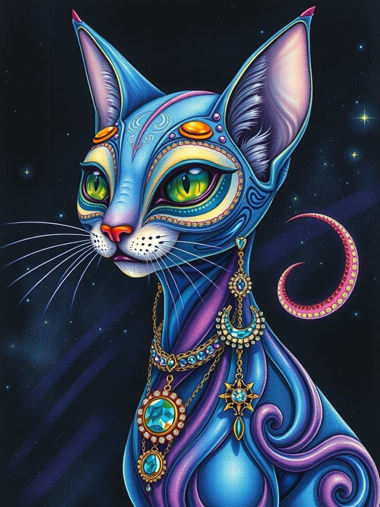 Majestic Feline Alien Goddess in Celestial Colors