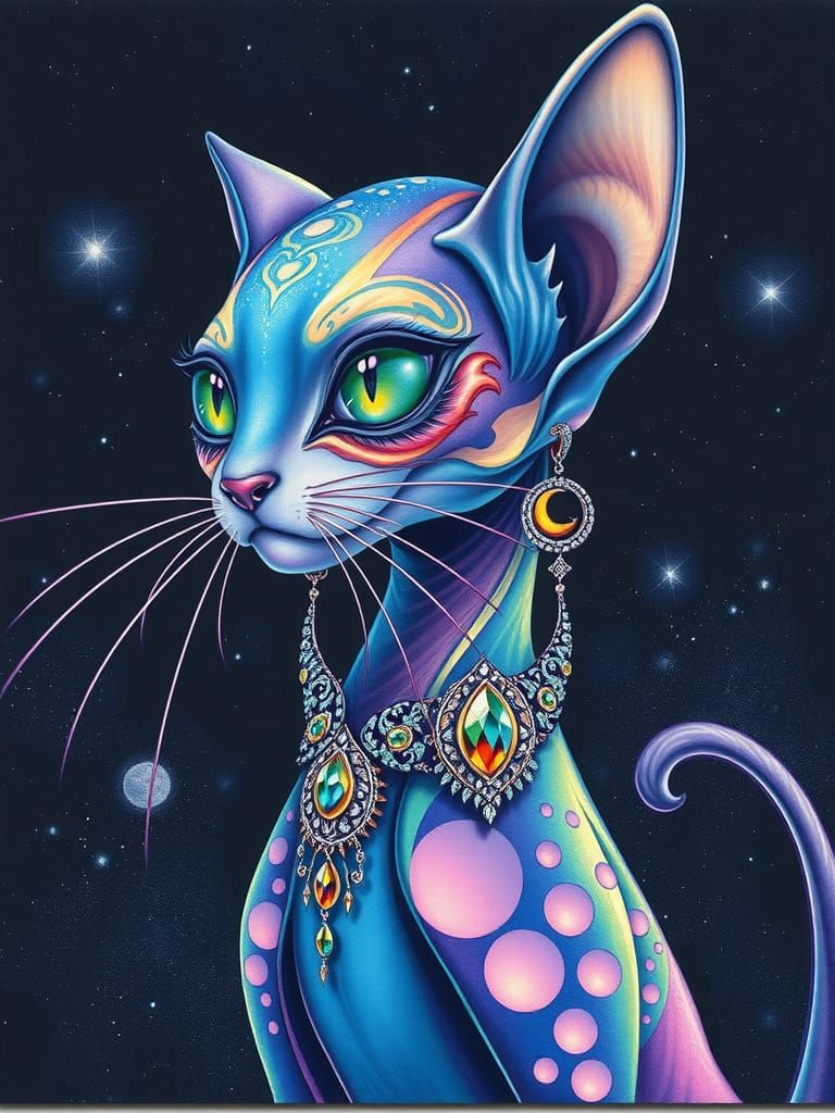 Ethereal Feline Alien Goddess in Iridescent Colors