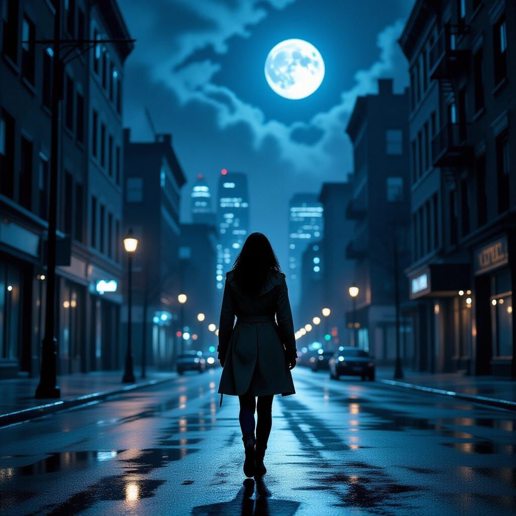 Lonely Figure Walks City Street in Graphic Novel Style