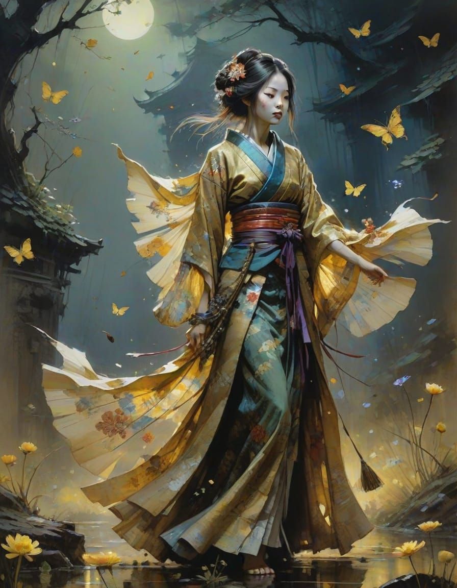 Surreal Geisha in Vibrant Colors and Golden Details, Reflect...