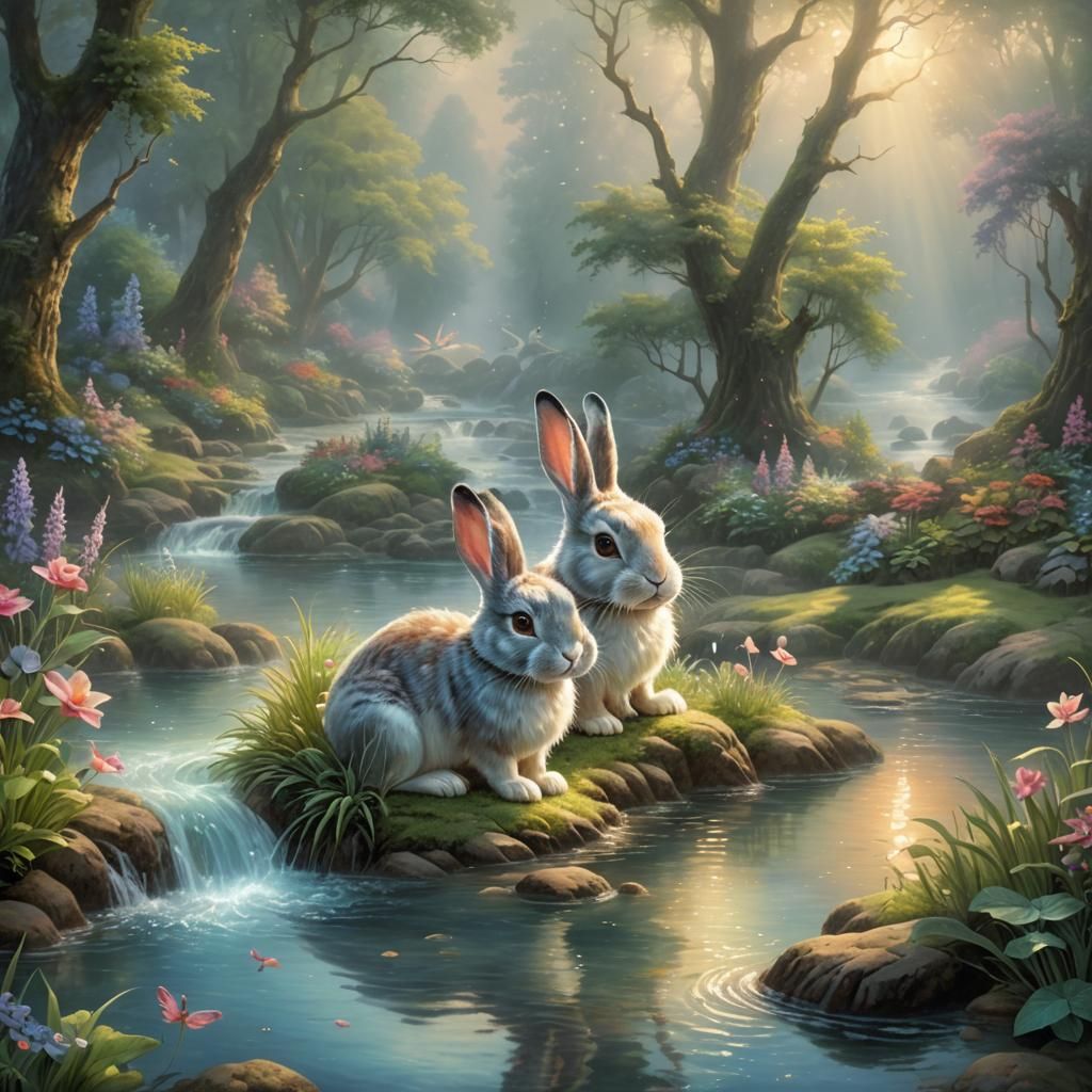 Whimsical Water Rabbit in a Misty Haven