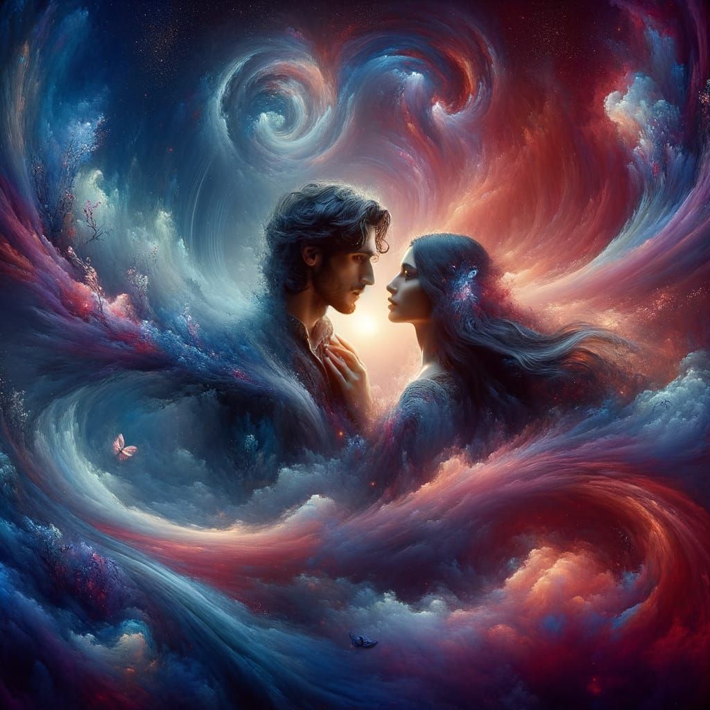 Romantic Matte Painting of Diverse Lovers in Swirling Colors