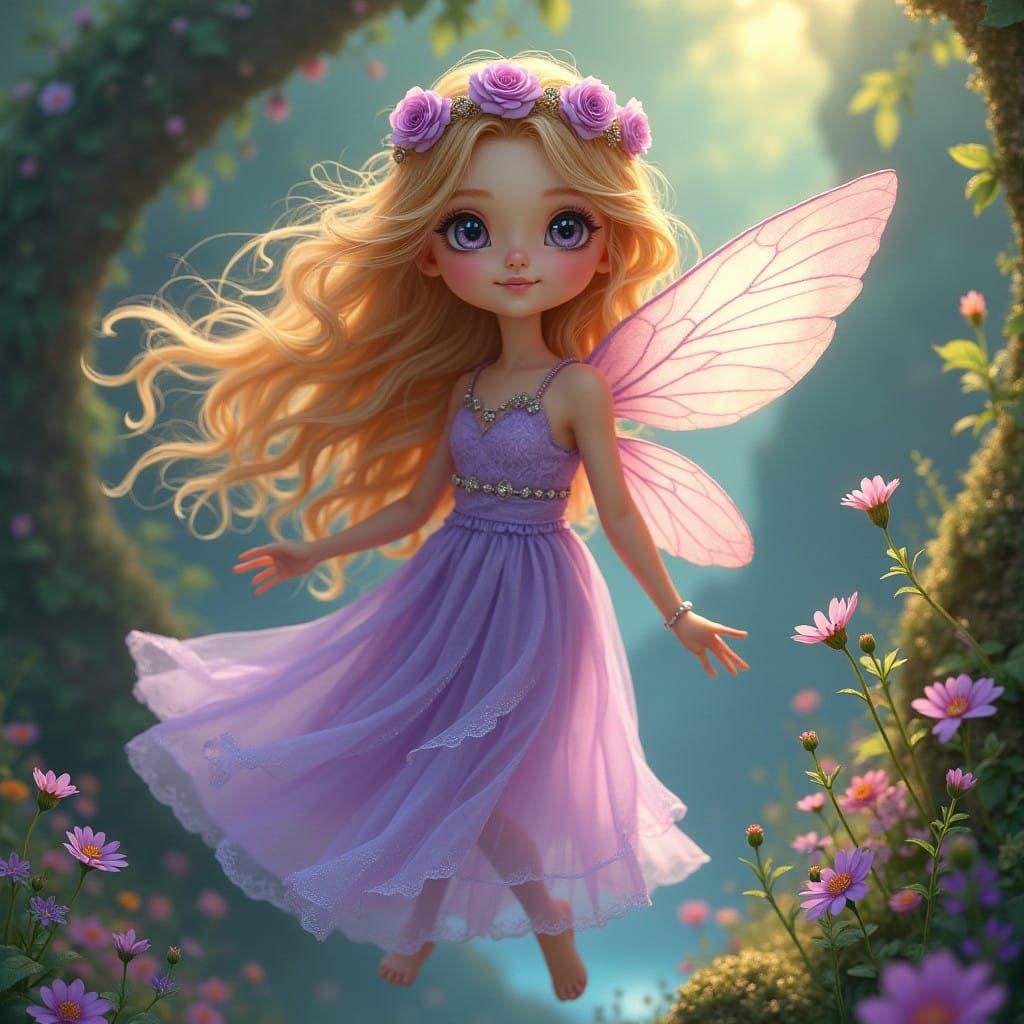 Whimsical Fairy Girl in Lavender Gown and Rose Petal Crown