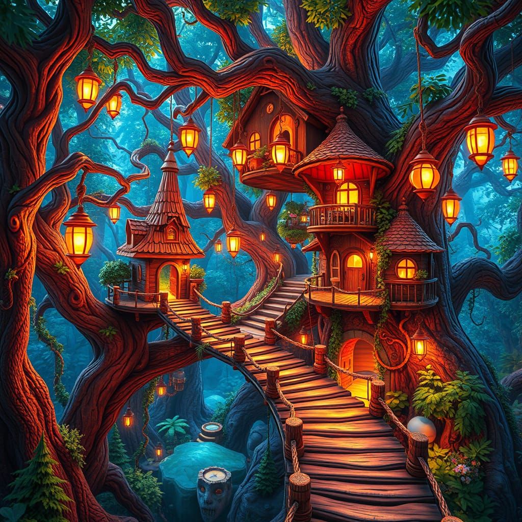 Dreamlike Treehouse Village in Vibrant, Enchanted Forest