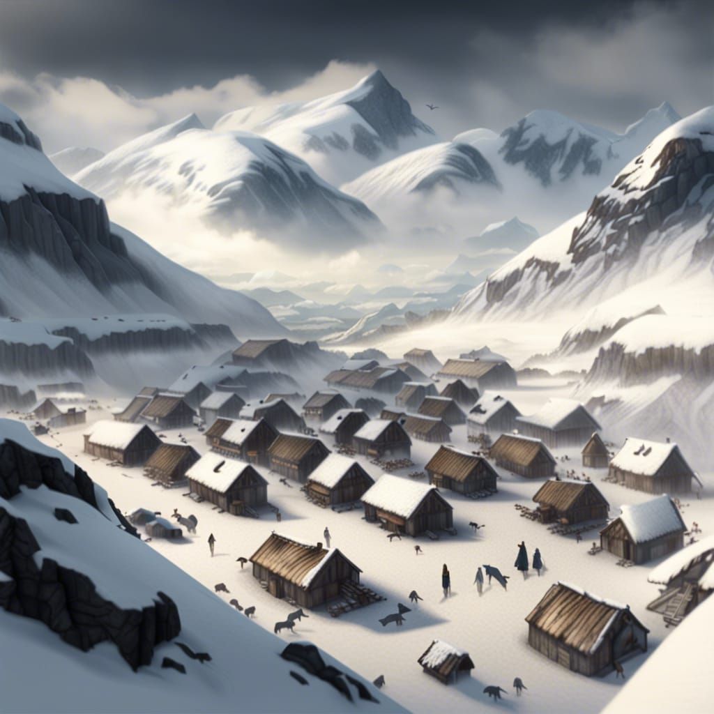 Viking Village Amidst Snowy Peaks, Ravens Soar Above