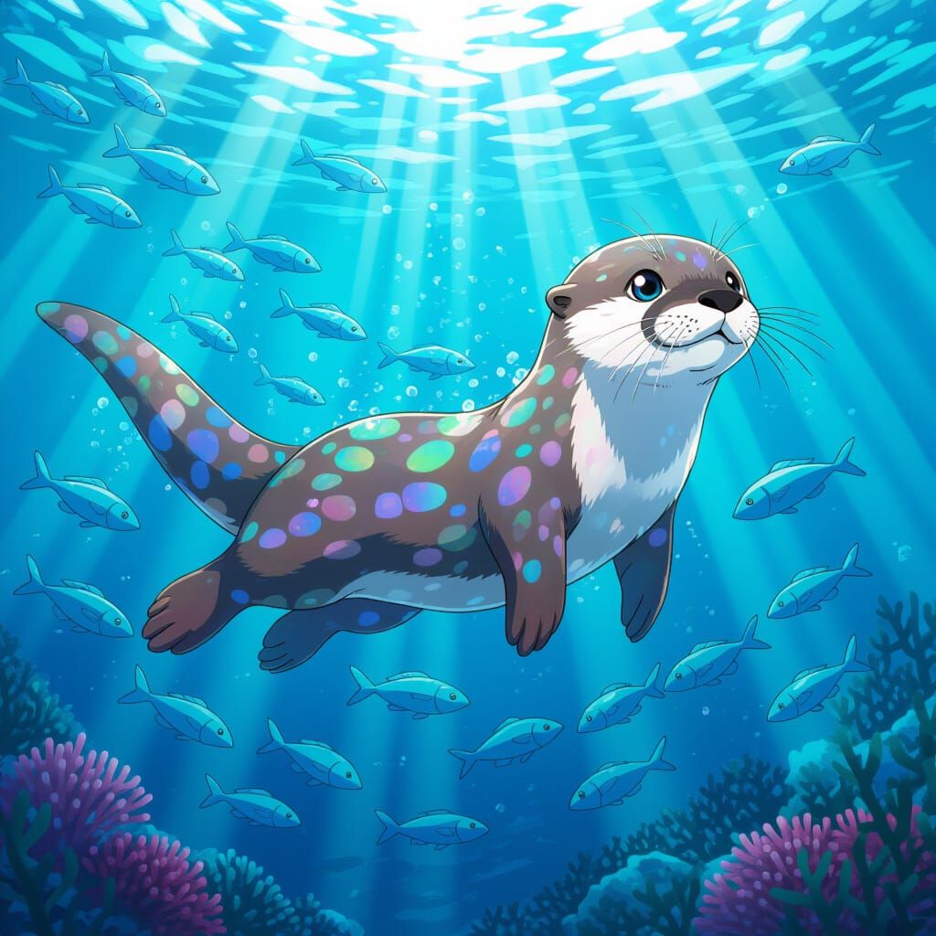 Opal Otter Swimming in Crystal Ocean as Anime Key Visual