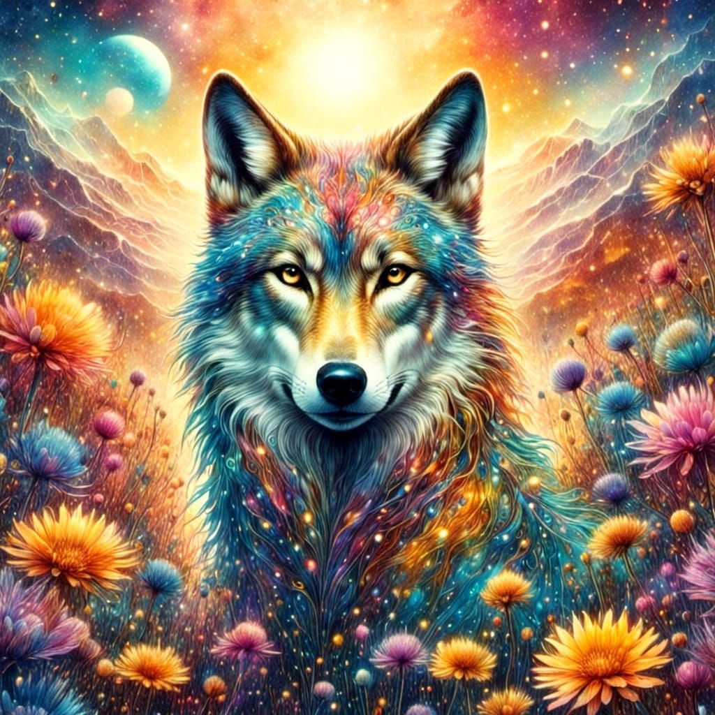 Mystical Wolf in Dreamlike Aurora Landscape