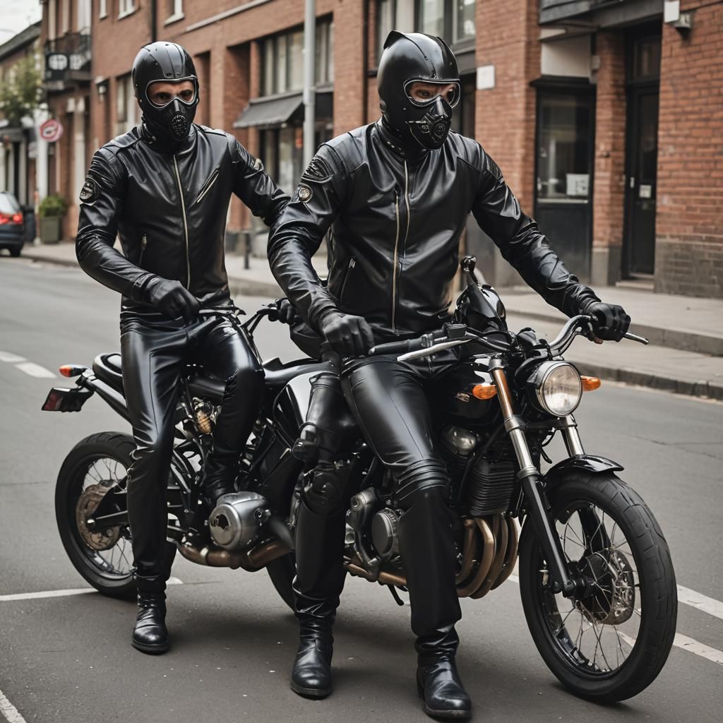 Two Bikers in Latex Suits Speed Down the Road