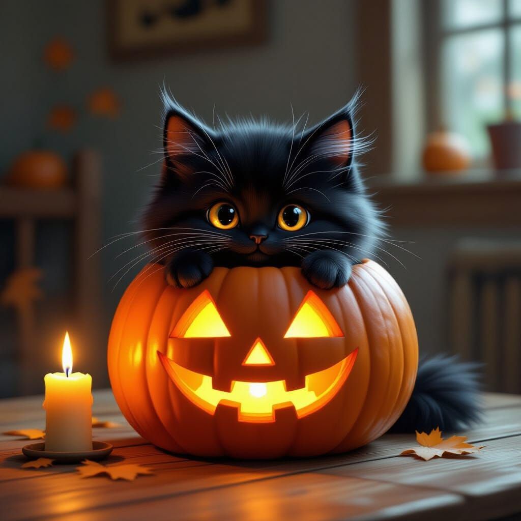 Cute Black Cat Peeking From Halloween Pumpkin