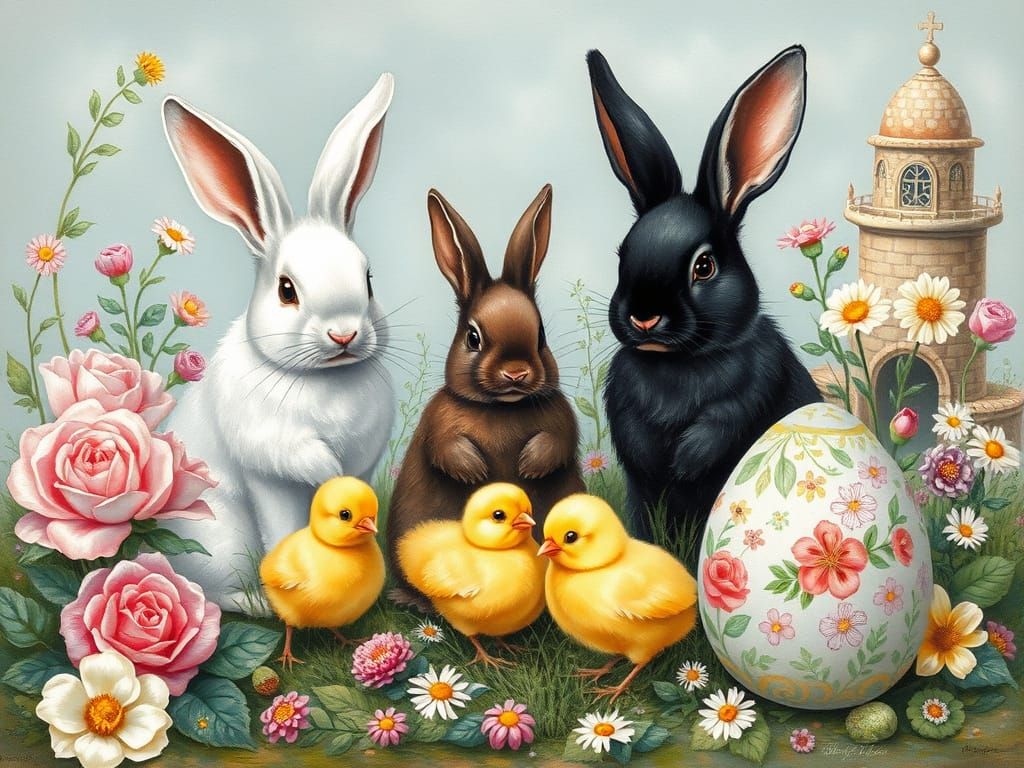 Whimsical Easter Scene in Renaissance Gouache Style