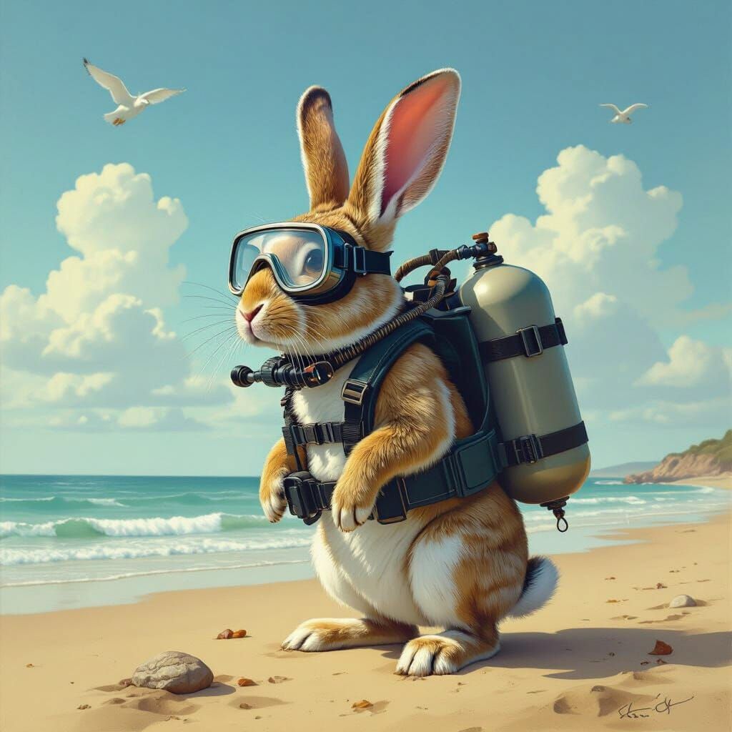 Surreal Rabbit in Scuba Gear on Beach