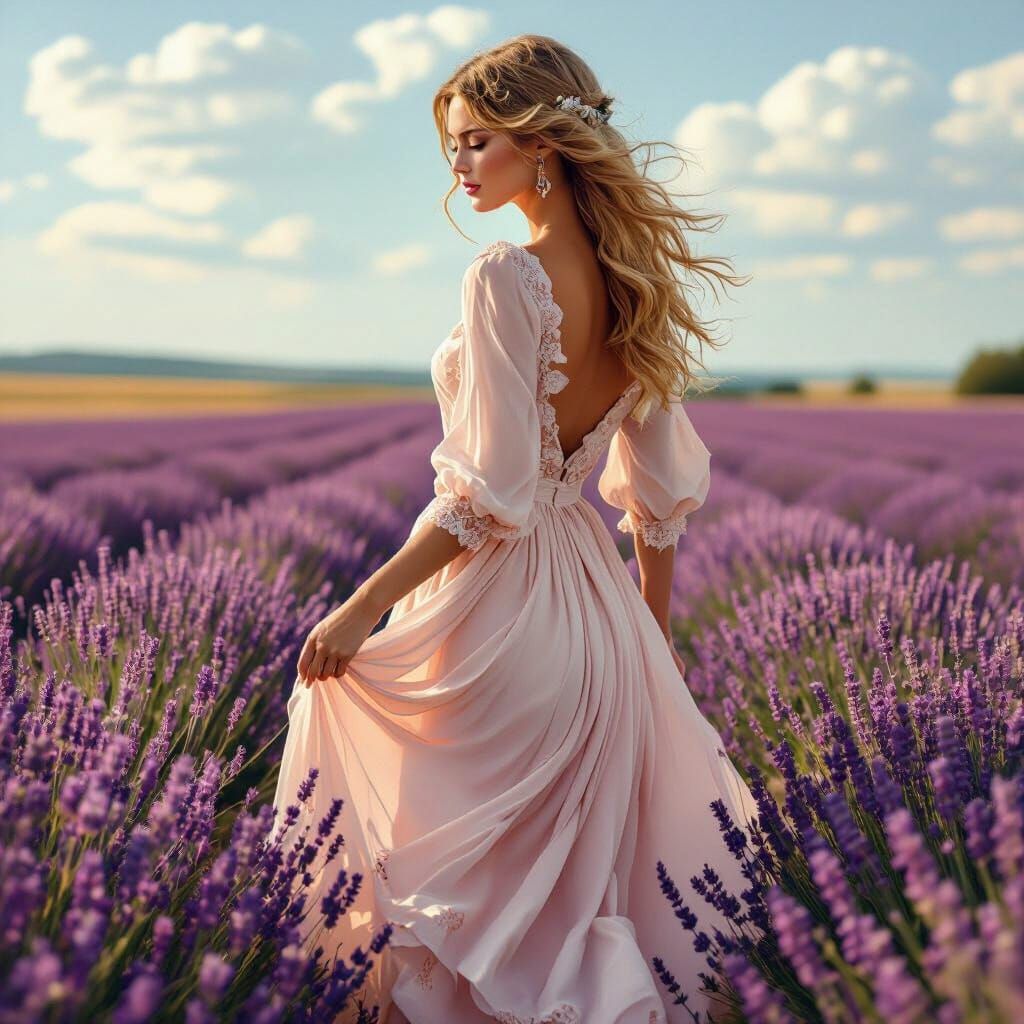 Elegant Woman in Lavender Field, Hyperrealistic Style