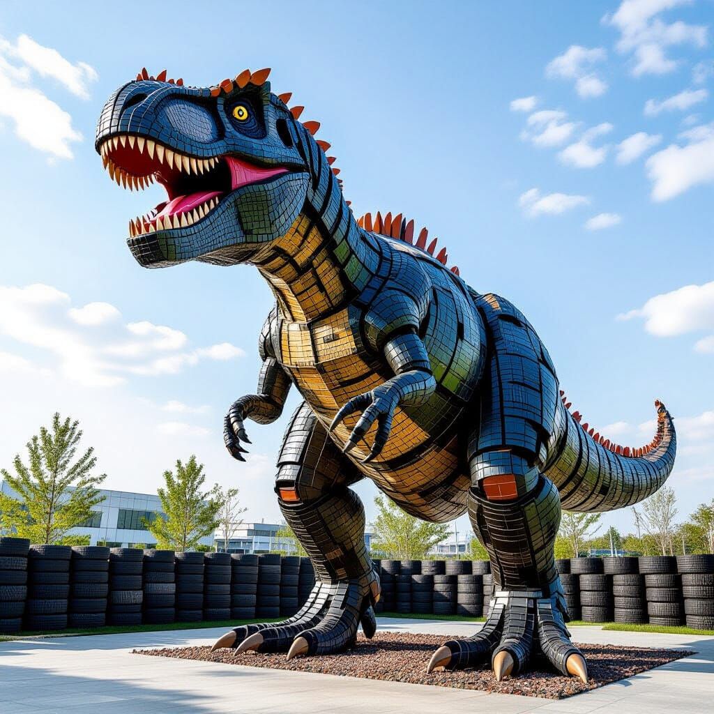 Recycled Tire T-Rex Sculpture in Recycled Art Style