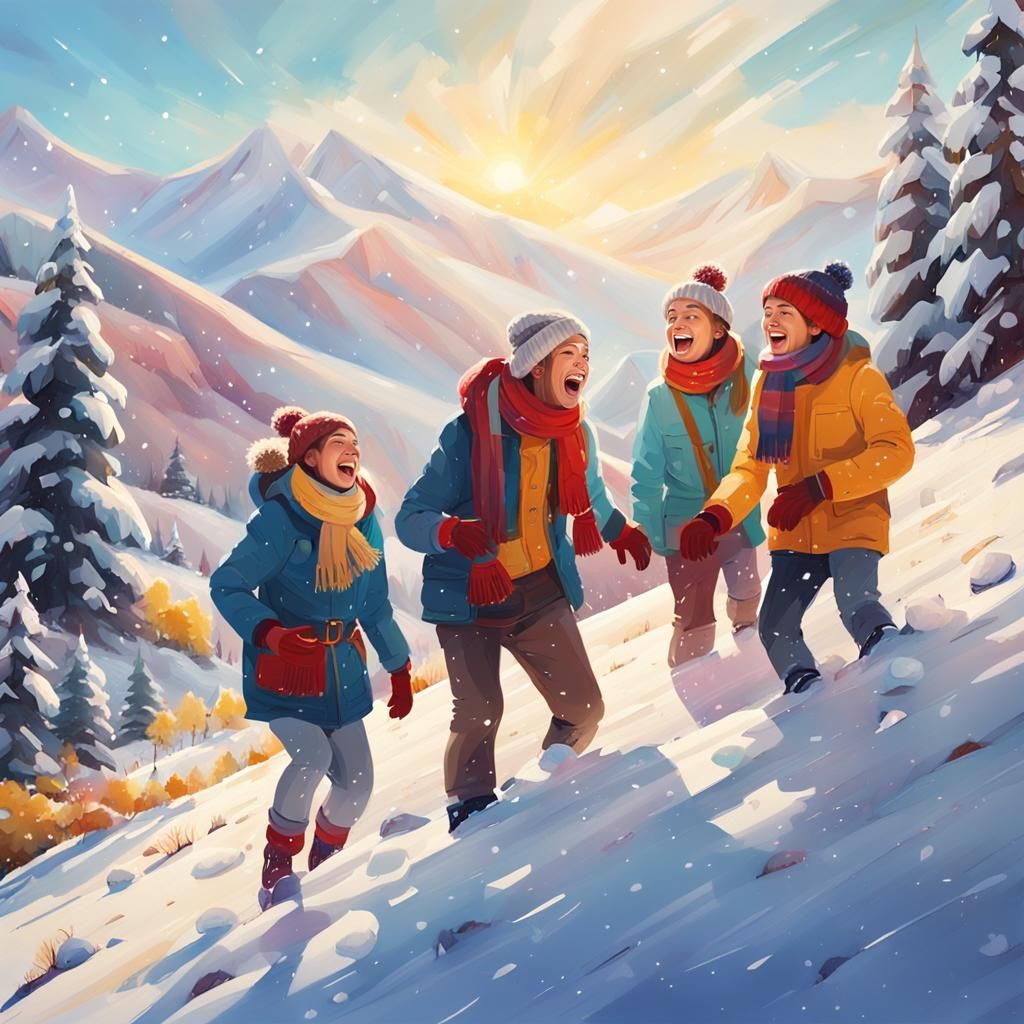 Joyful Winter Scene in Vibrant Oil Painting