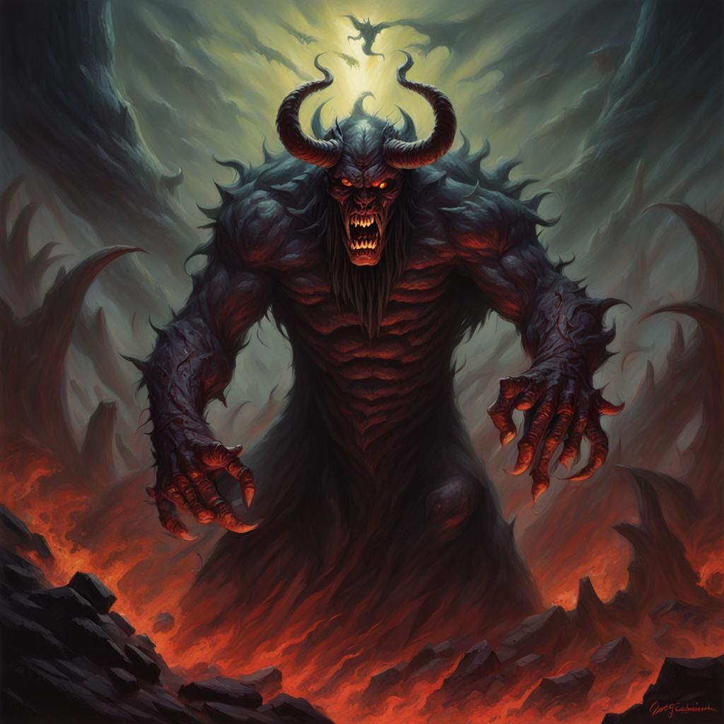 God of Darkness Devours Demons in Mysterious Landscape