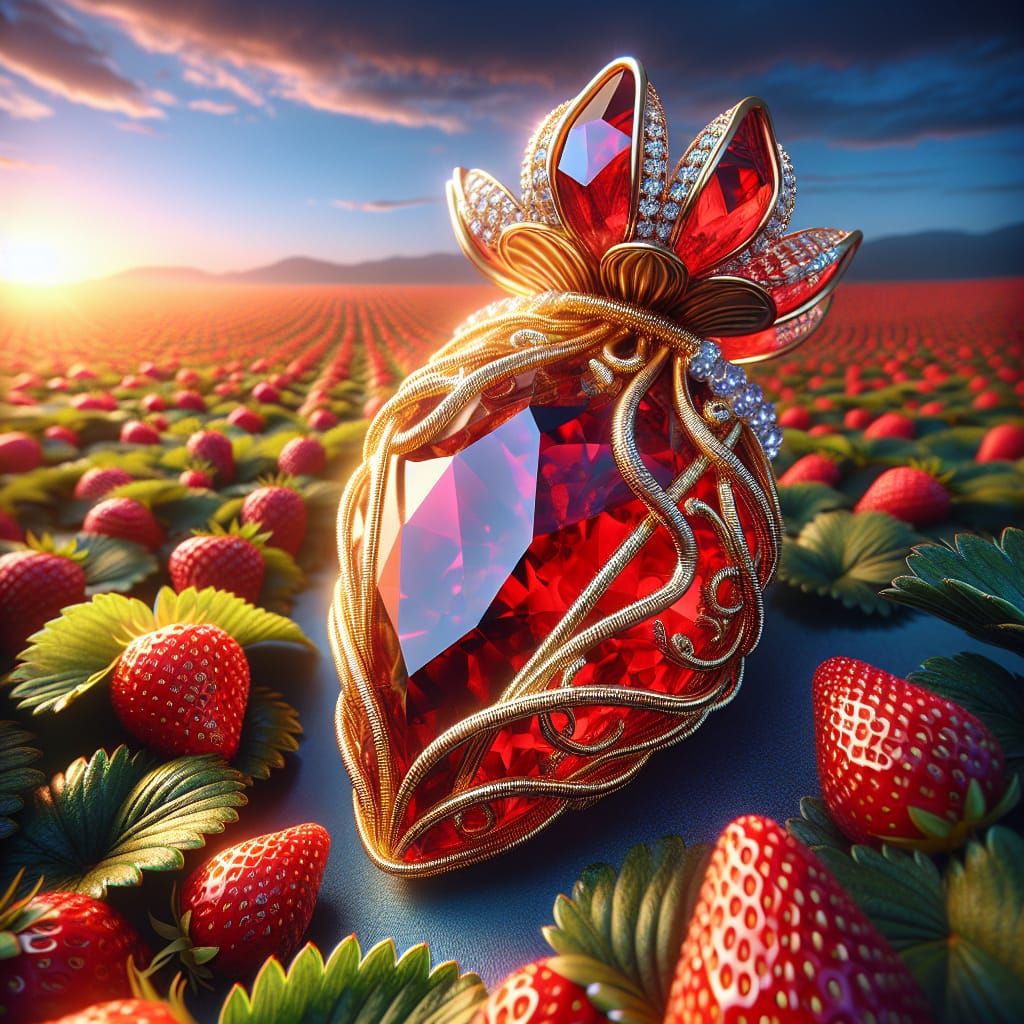 Hyperrealistic Crystal Strawberry Jewelry in Ethereal Gold F...