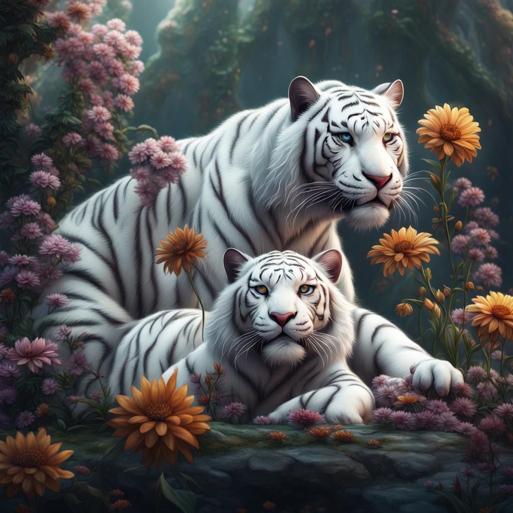 Two White Tigresses Amidst Vibrant Floral Blooms in a Fantas...
