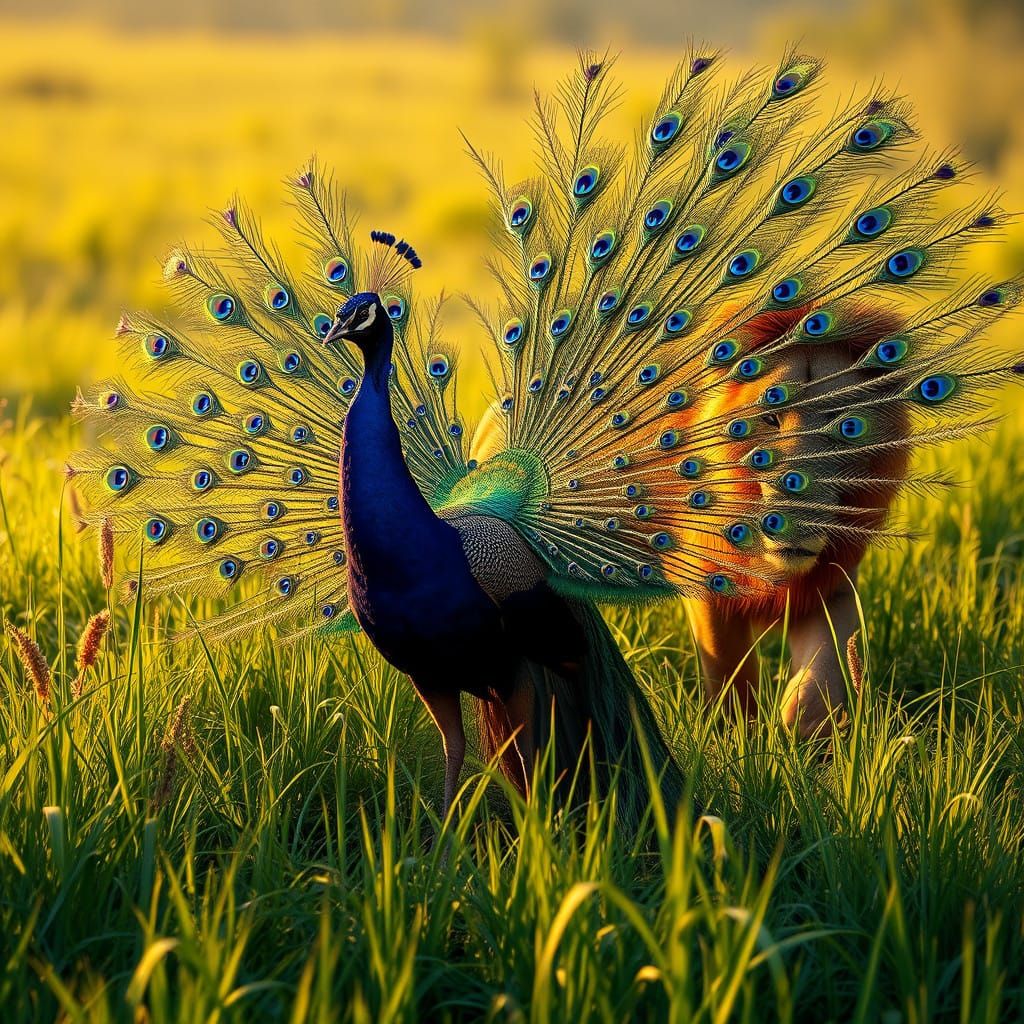 Regal Peacock Confronts a Hidden Lion in a Vibrant Meadow