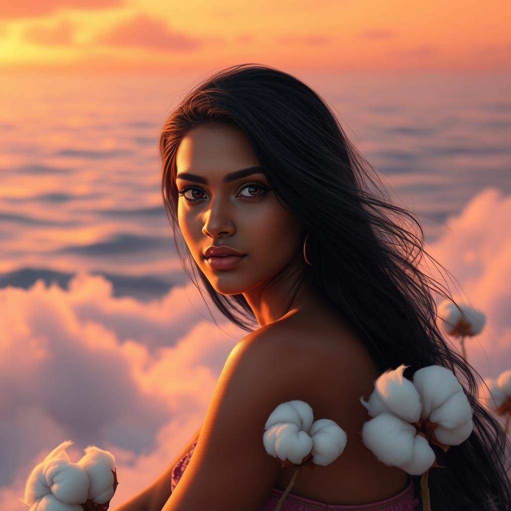 Young Indian Woman Seated on a Golden Cloud, Set Against a V...