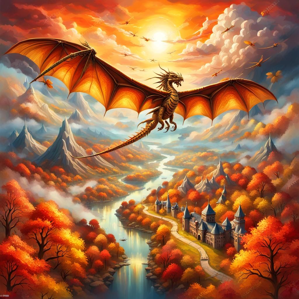 Dragon Soars Over Vibrant Autumn Landscape in Cyberpunk Oil...