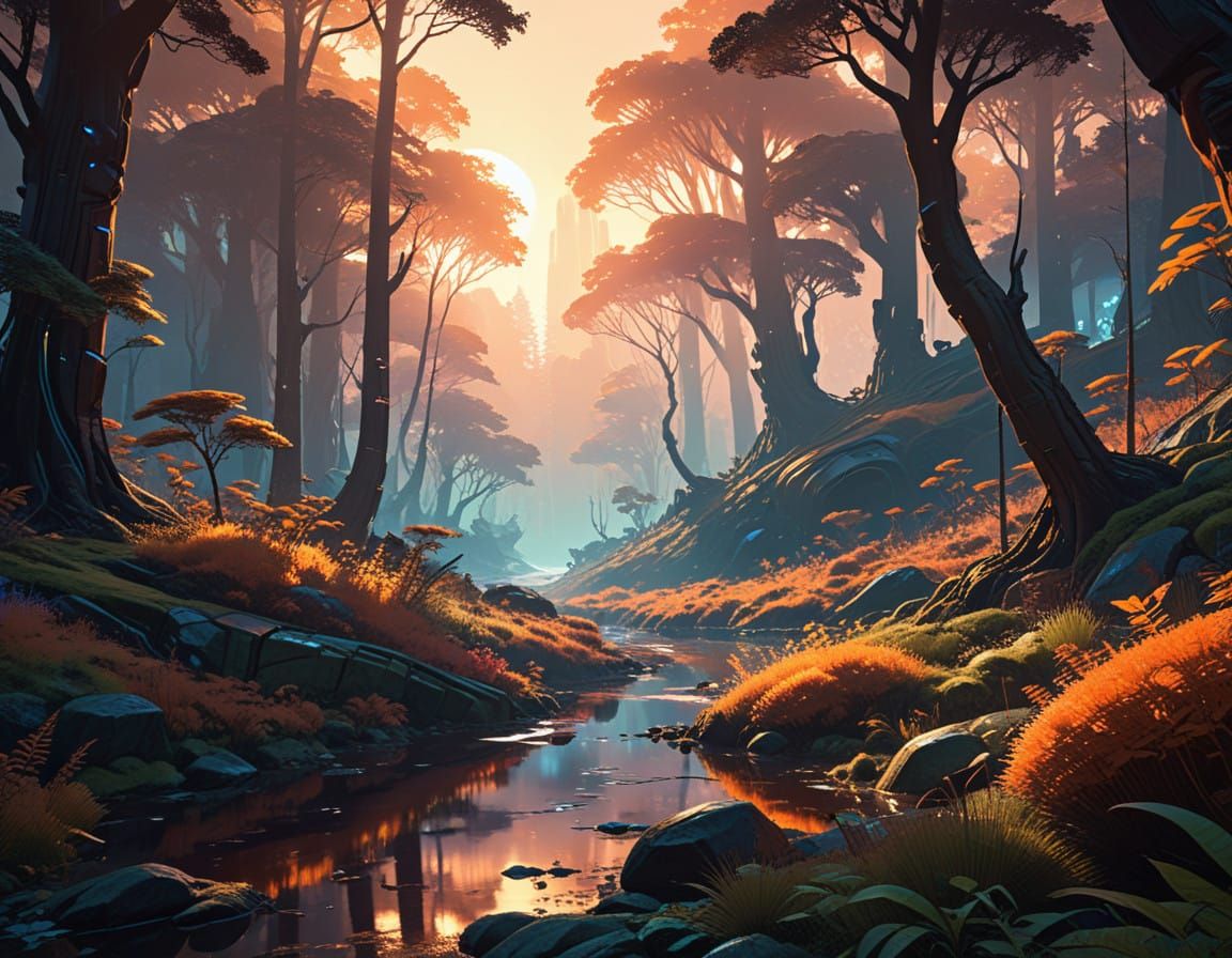 Vibrant Golden Hour Forest in Cyberpunk Digital Art