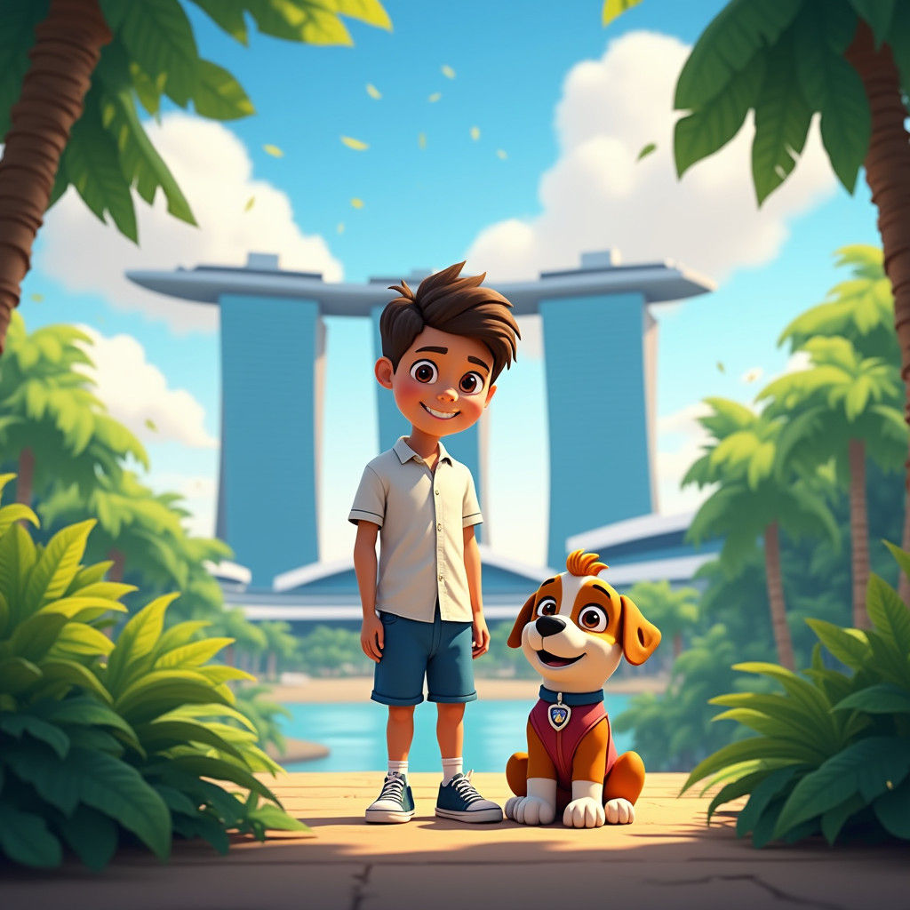 Whimsical Boy and Marshall in a Vibrant Marina Bay Sands Lan...