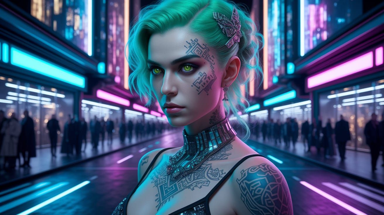 Futuristic Woman with Green Hair in Cyberpunk Art Deco Style