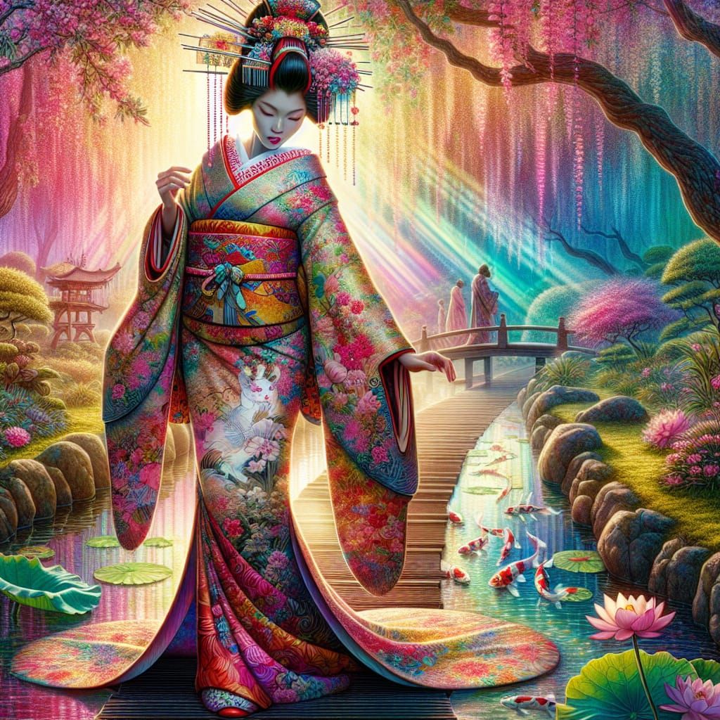 Surreal Japanese Geisha Enjoys Mystical Ukiyo-e Garden Scene