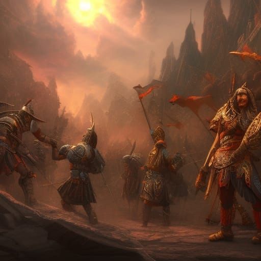 Epic Fantasy Warriors in a Vibrant, Fantastical Landscape