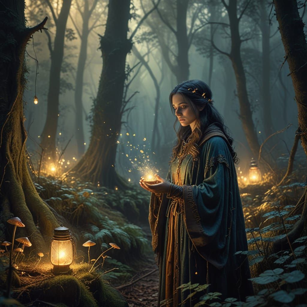 Mystical Junior Wizard in Enchanted Golden Hour Woods