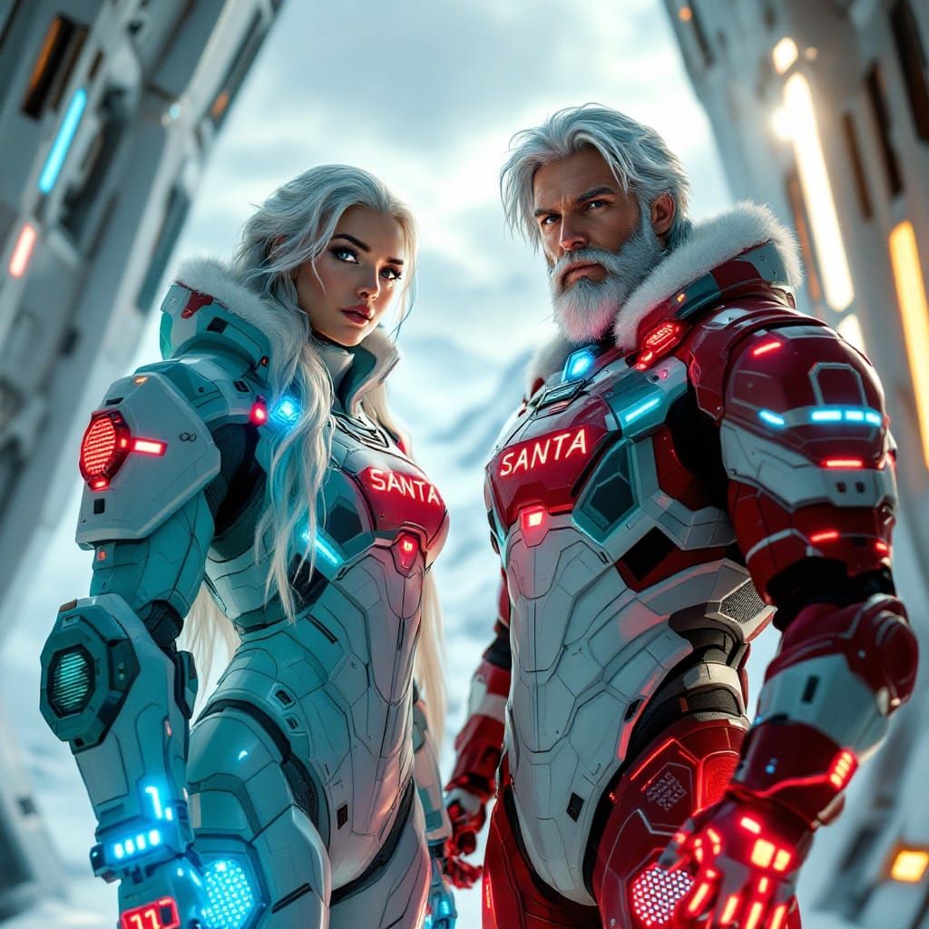 Confident Operative Santa in Futuristic Exosuit
