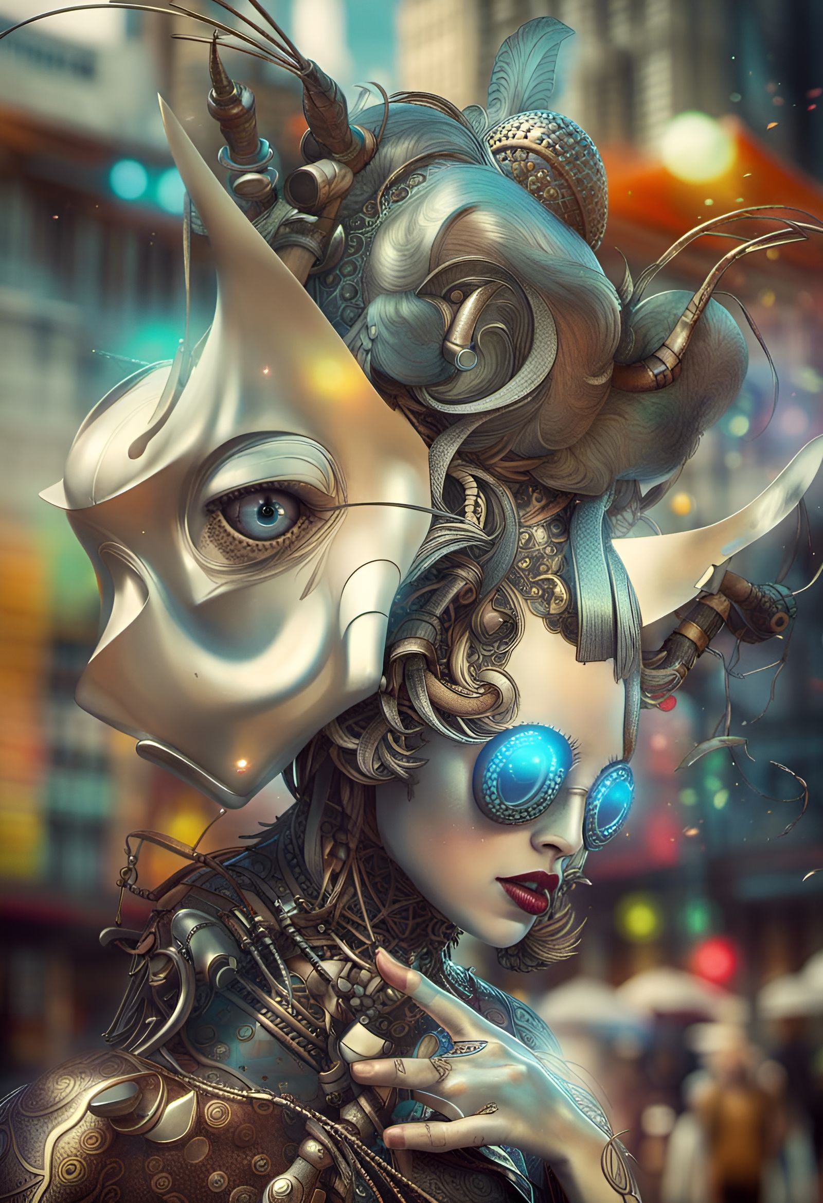 Lady with Futuristic Augmentation in a Bizarre Cityscape