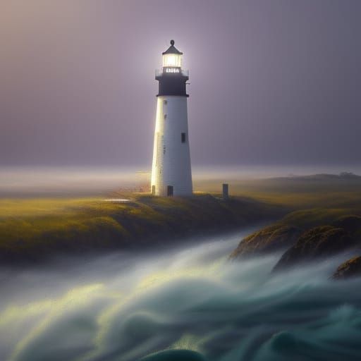 Lighthouse Swept in Fog, Oil Painting