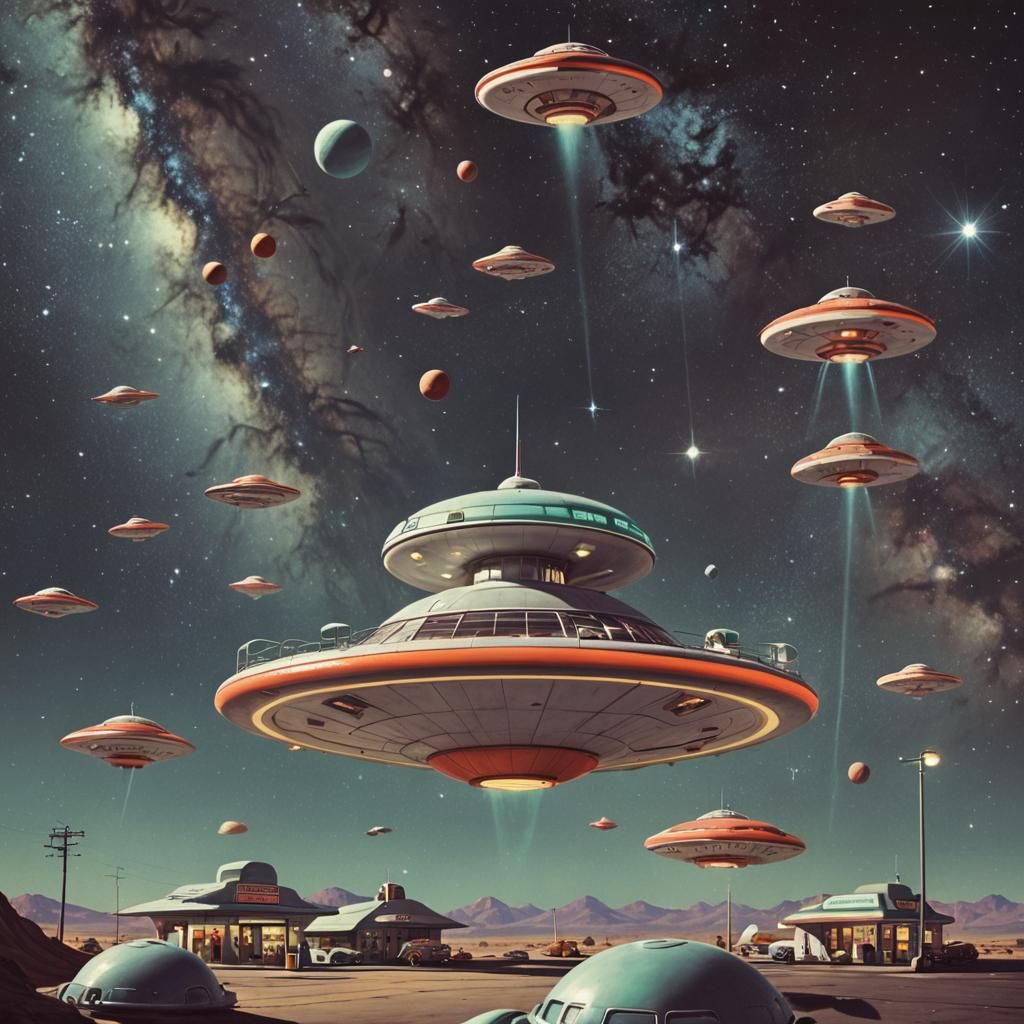 Retro-Futuristic Gas Station in Deep Space with Vintage Flyi...