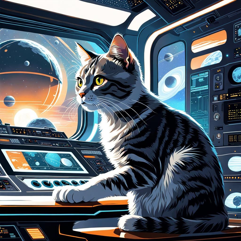 Cosmic Duo in Futuristic Spacecraft Control Room