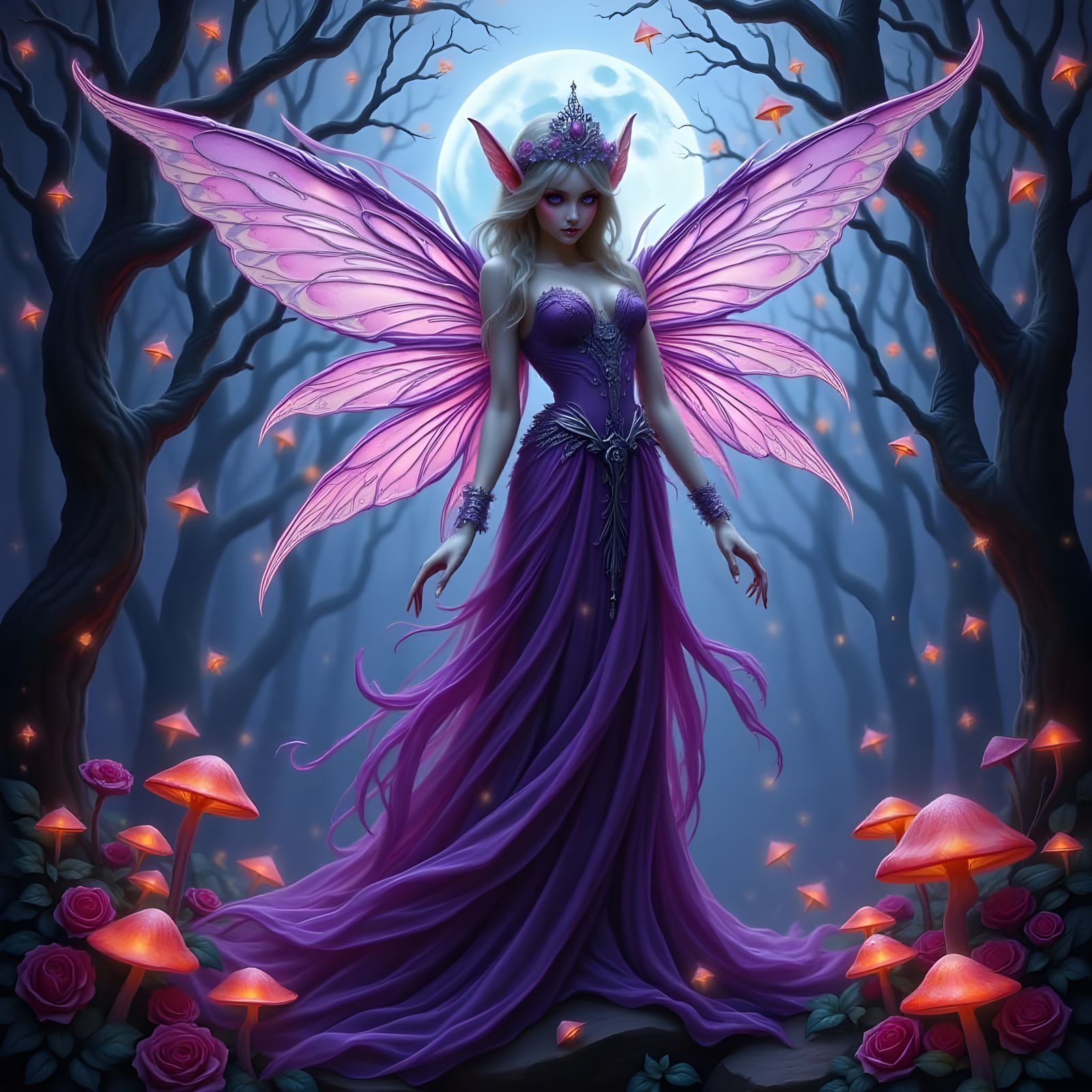 Neon Fairy Dance in Moonlit Forest