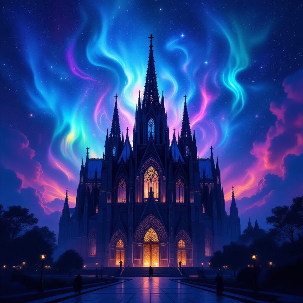 Gothic Cathedral in Cosmic Aurora