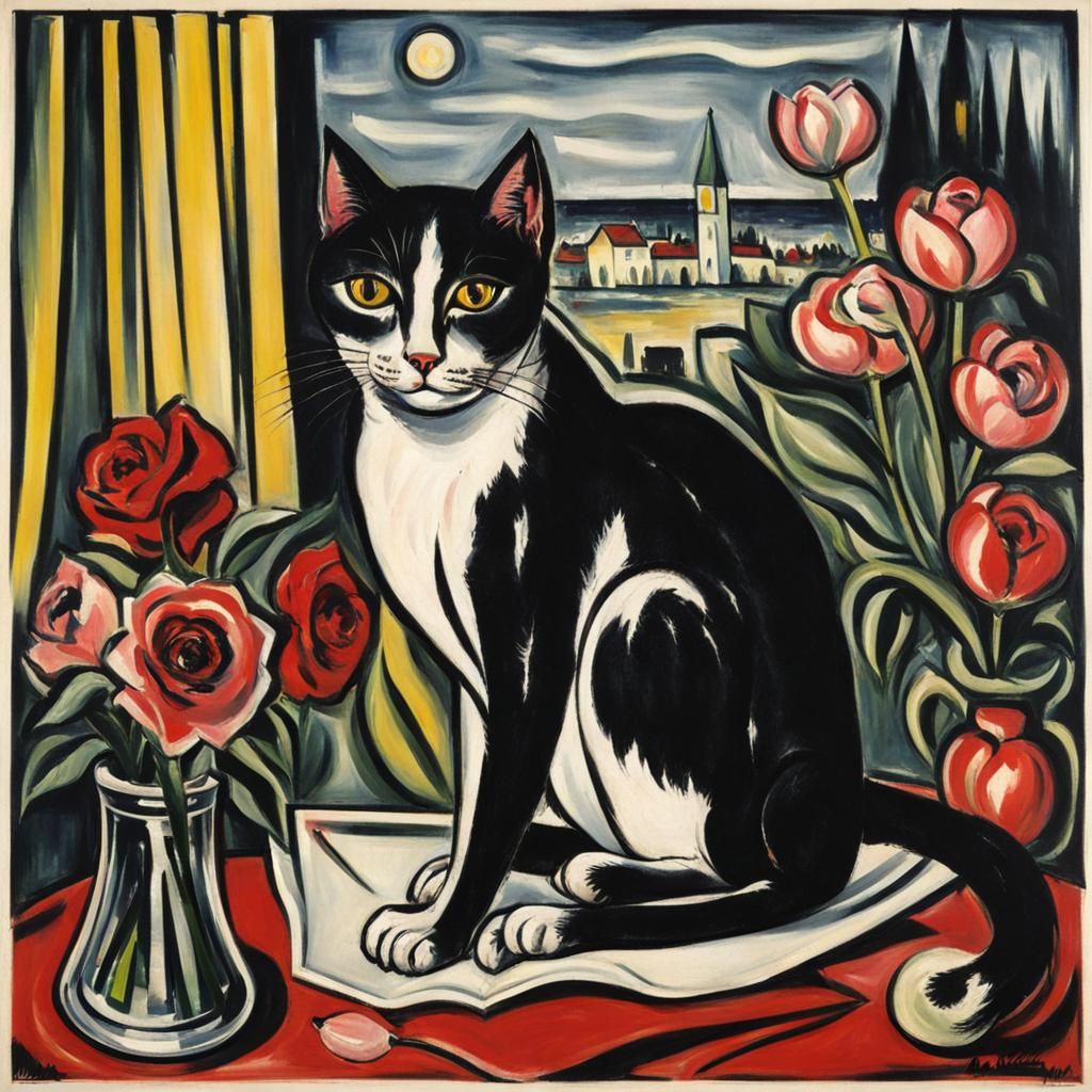 Expressive Portrait in a Whimsical Beckmann-Inspired Scene