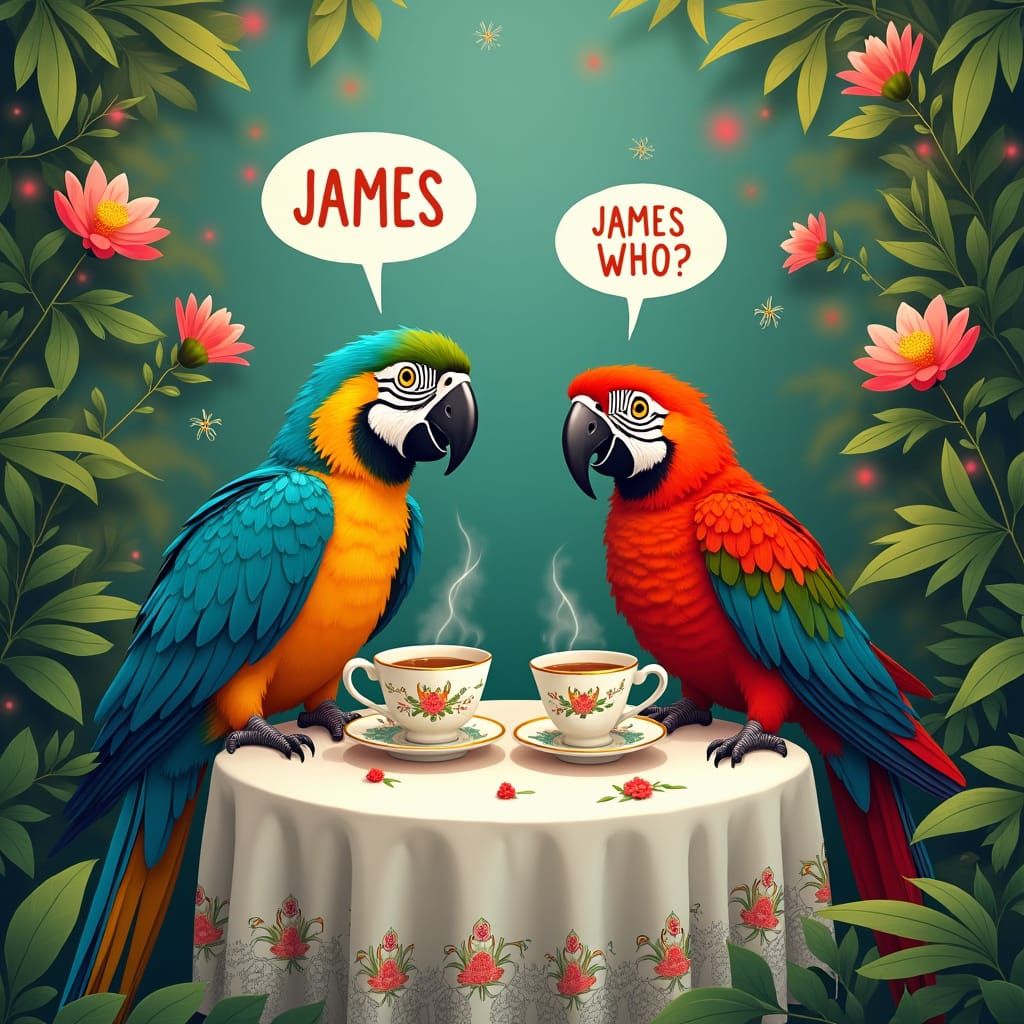 Whimsical Parrots Sipping Tea in a Jungle Oasis