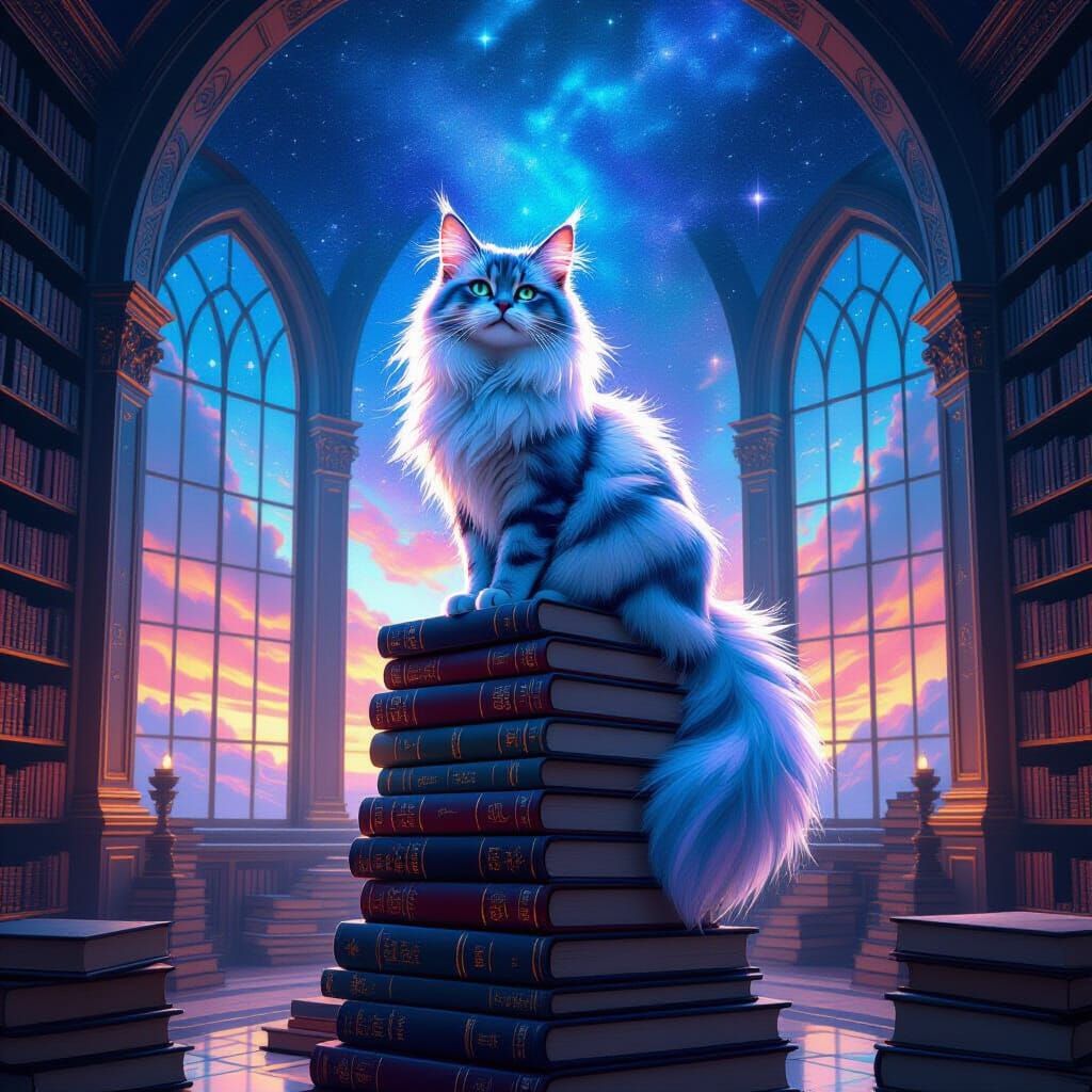Nebula Cat in Celestial Library, Digital Painting