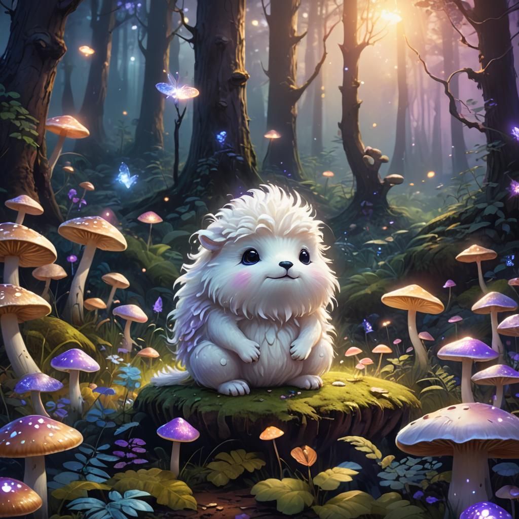 Whimsical Cartoon Creature Sits on a Mushroom