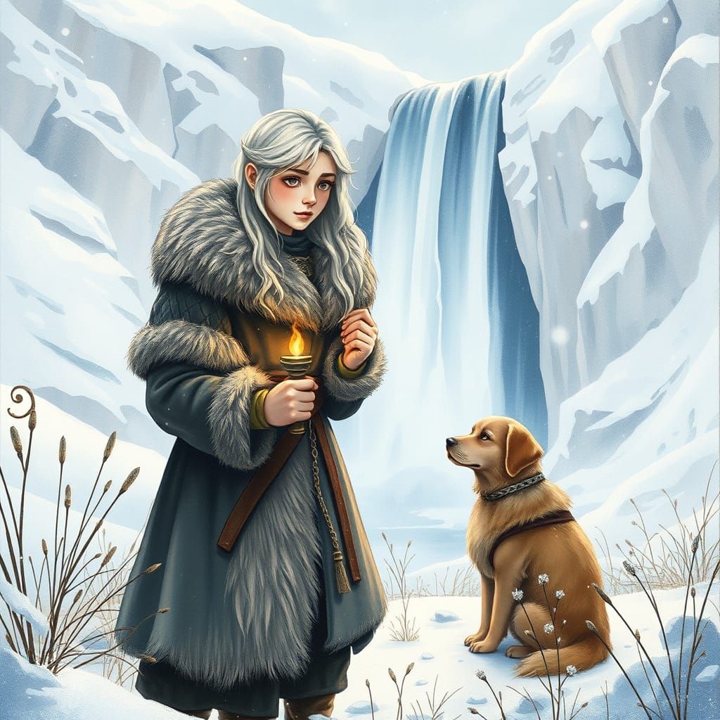 Woman and Dog in Winter Meadow, Watercolor Illustration