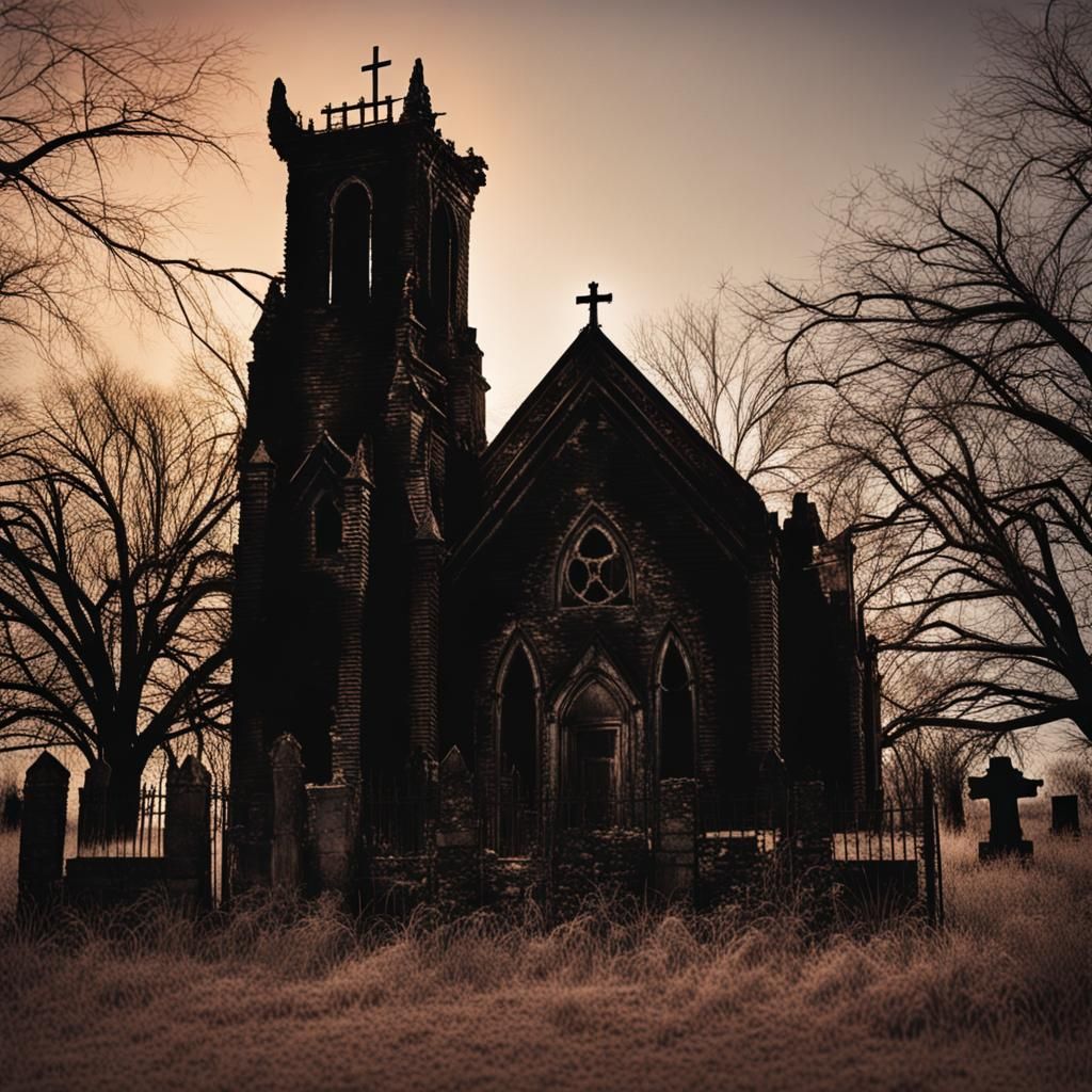 Surreal Scene of Abandoned Church in Stull Cemetery at Twili...