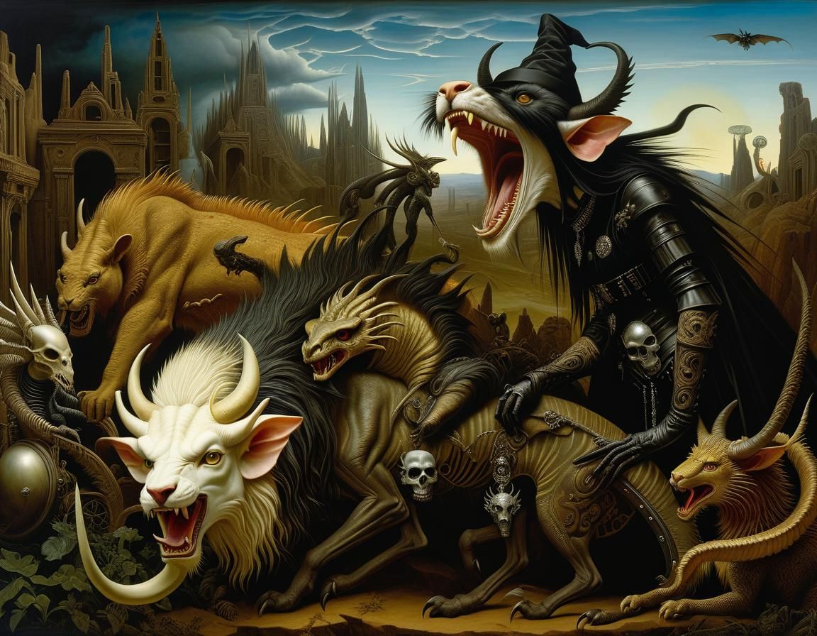 Surreal Hellish Wonderland Scene with Punker Witch and Chime...