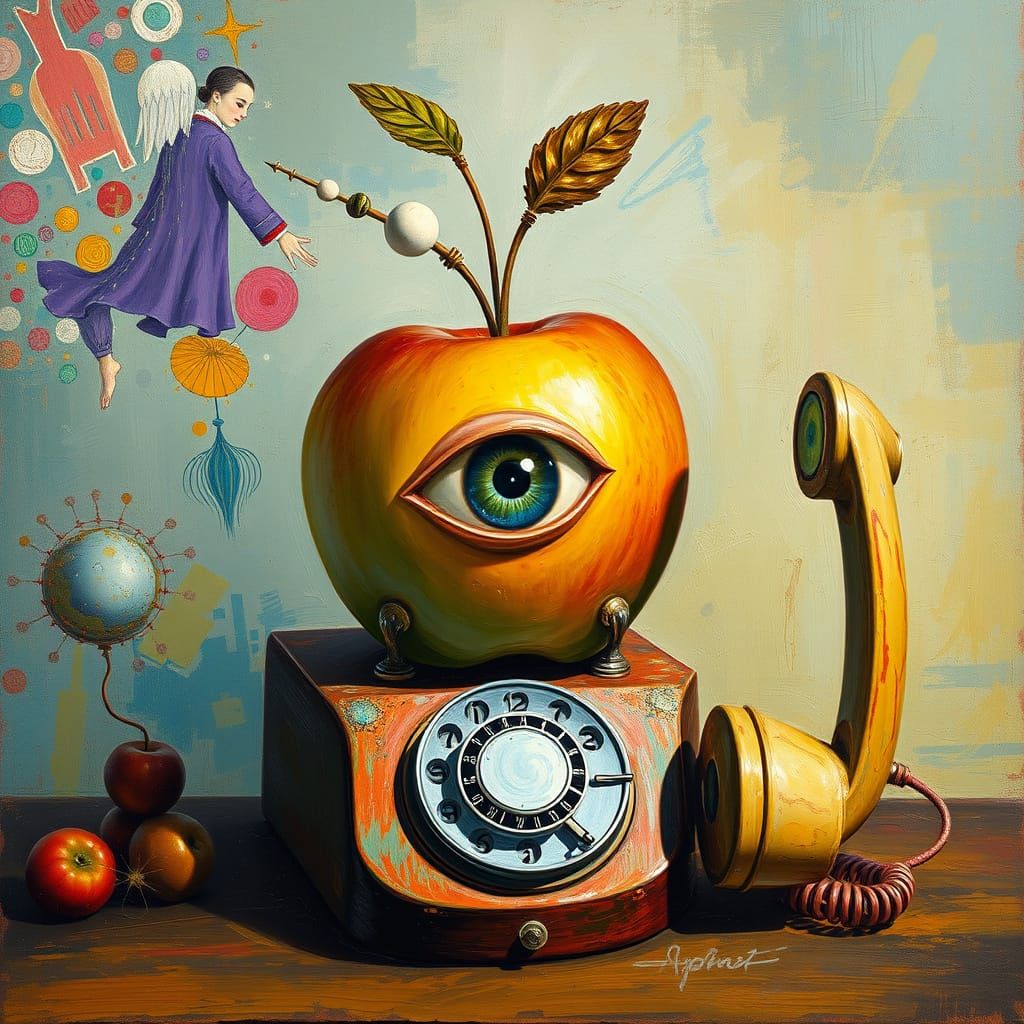 Dreamlike Device with Apple, Eye and Telephone in Oil Paint